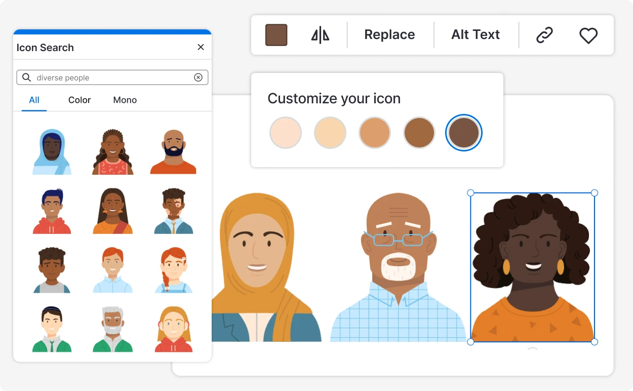 An Image showing skin tone being customized on an icon of a person in the Venngage editor.