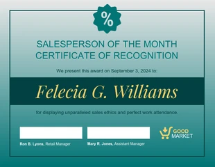 Teal Sales Employee Recognition Certificate